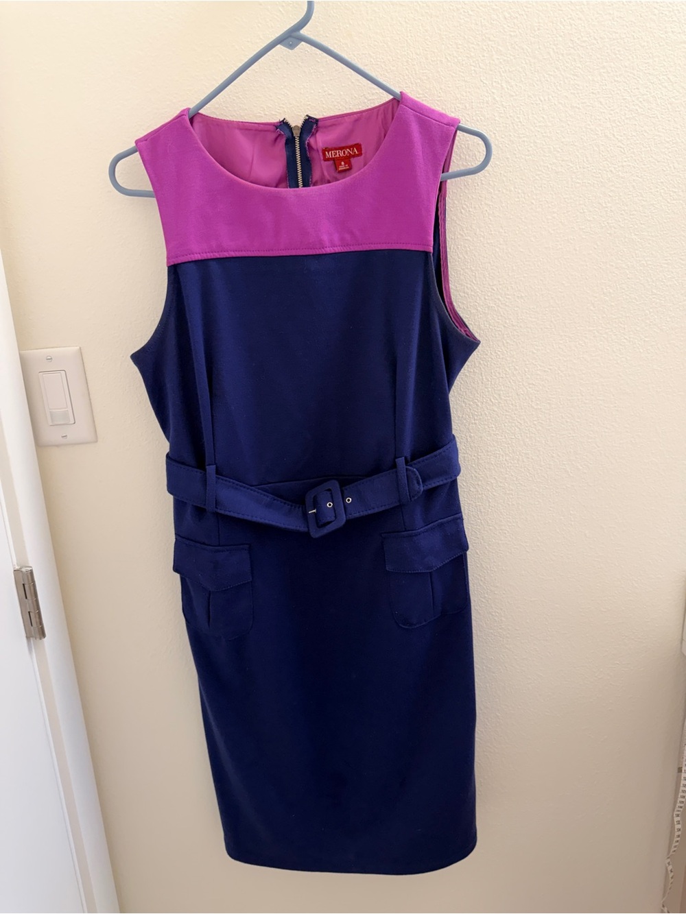 Merona Navy and Magenta Sleeveless Belted Sheath Dress